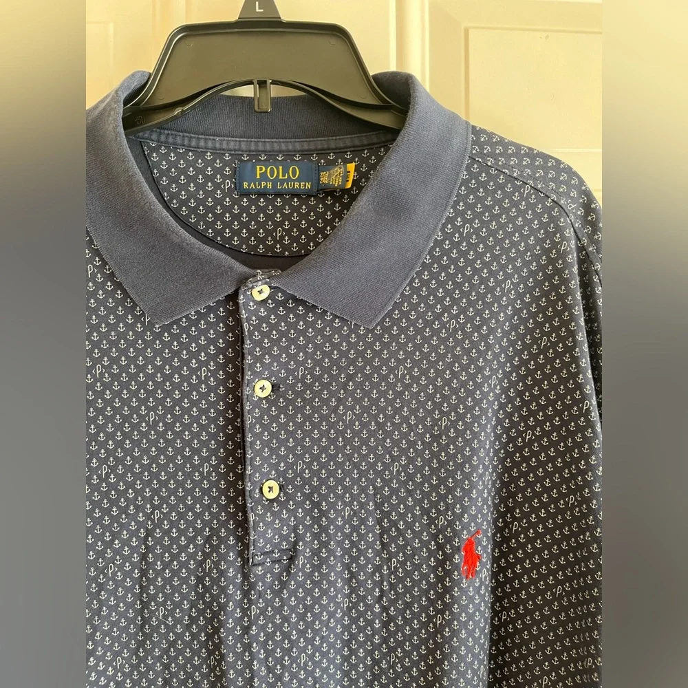 Polo Ralph Lauren Shirt Men Polo 2XLT Blue Anchor Allover Print Nautical Preppy‎